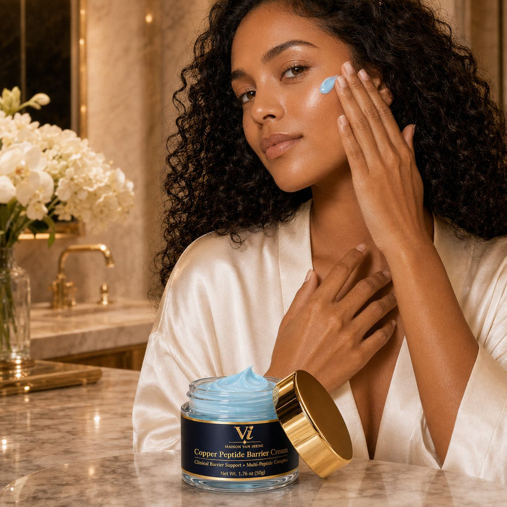 Woman pressing Copper Peptide Barrier Cream onto her cheek in a luxury marble bathroom