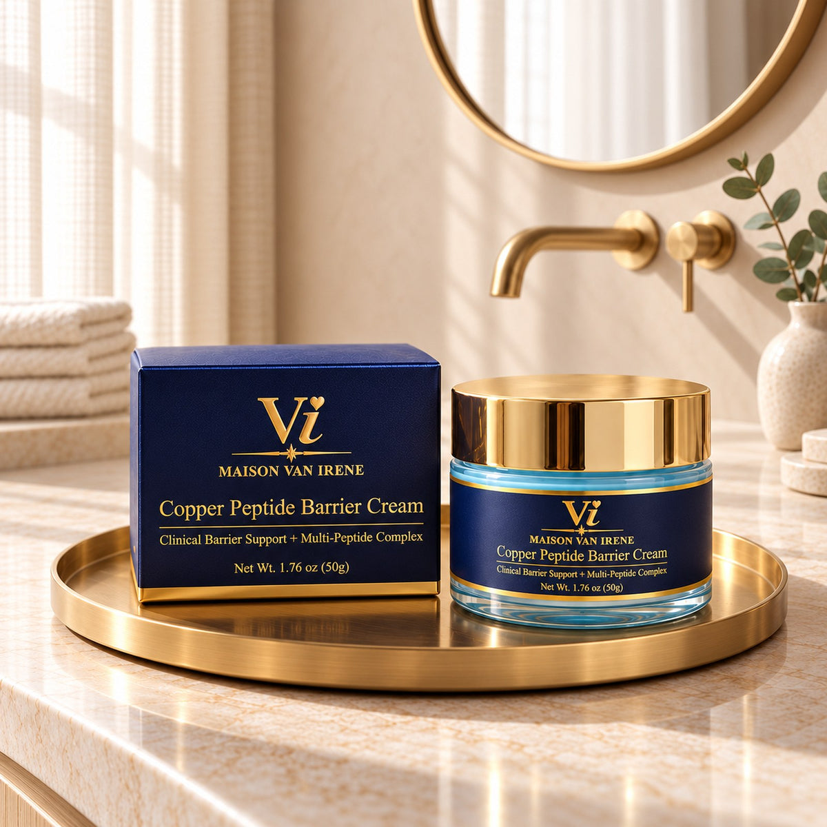 Maison Van Irene Copper Peptide Barrier Cream jar with gold lid and navy carton on a brushed-brass tray, on a stone bathroom vanity