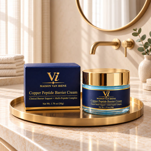 Maison Van Irene Copper Peptide Barrier Cream jar with gold lid and navy carton on a brushed-brass tray, on a stone bathroom vanity