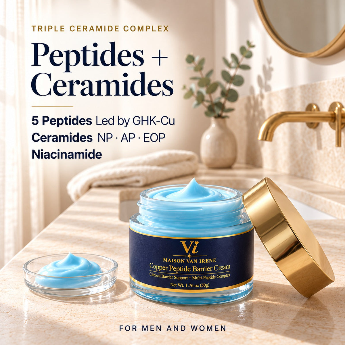 Peptides + Ceramides — the open Copper Peptide Barrier Cream jar: five peptides led by GHK-Cu, Ceramides NP, AP and EOP, Niacinamide 3%