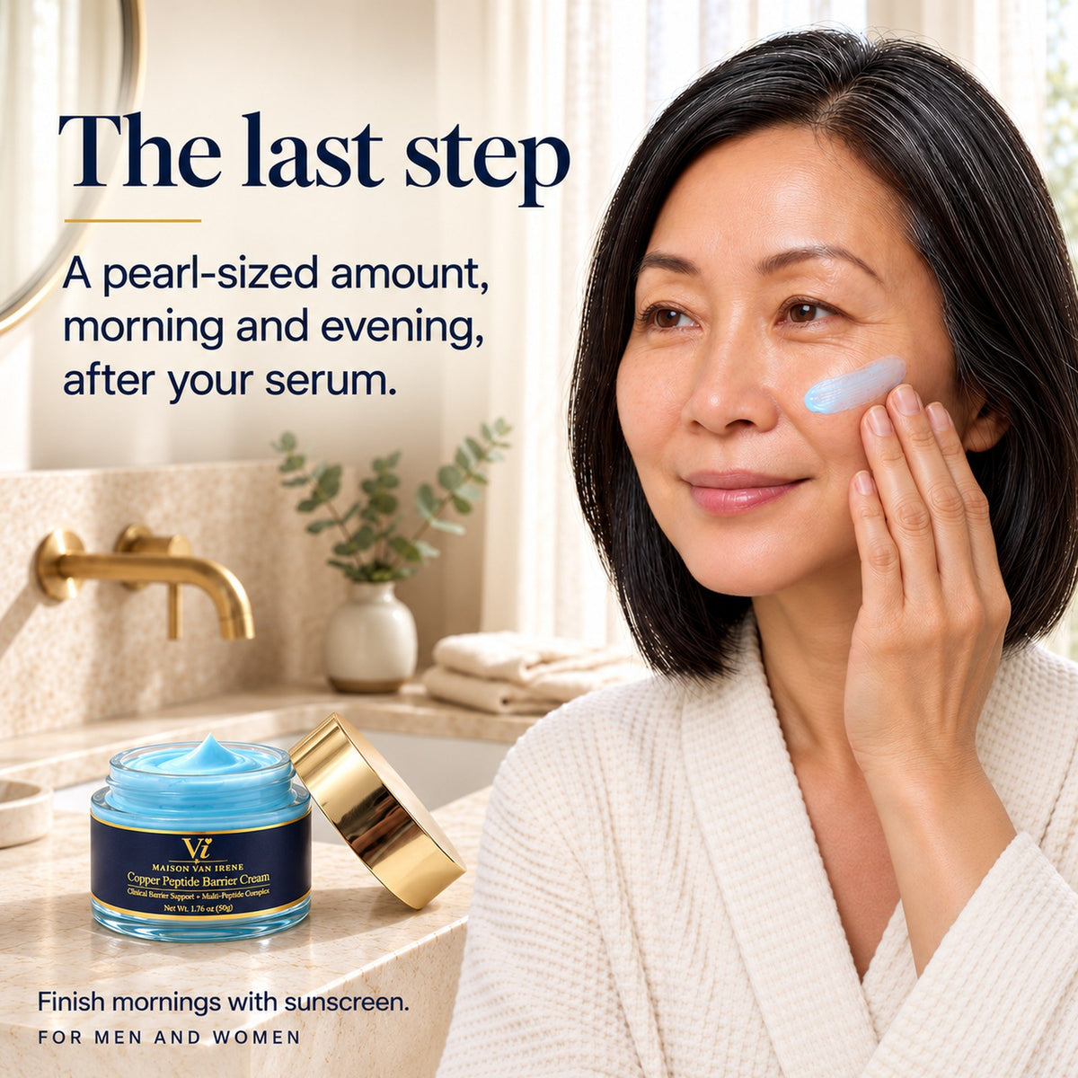 The last step — a woman pressing the Copper Peptide Barrier Cream into her cheek beside the open jar: a pearl-sized amount, morning and evening, after your serum