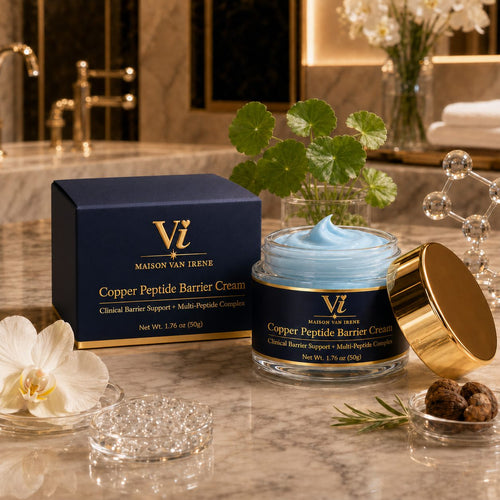 Maison Van Irene Copper Peptide Barrier Cream jar and box with centella leaves — clinical luxury barrier support