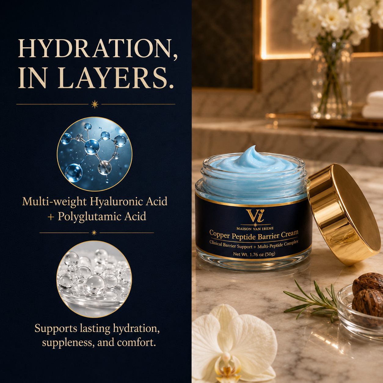 Copper Peptide Barrier Cream hydration in layers — multi-weight hyaluronic acid and polyglutamic acid for lasting comfort