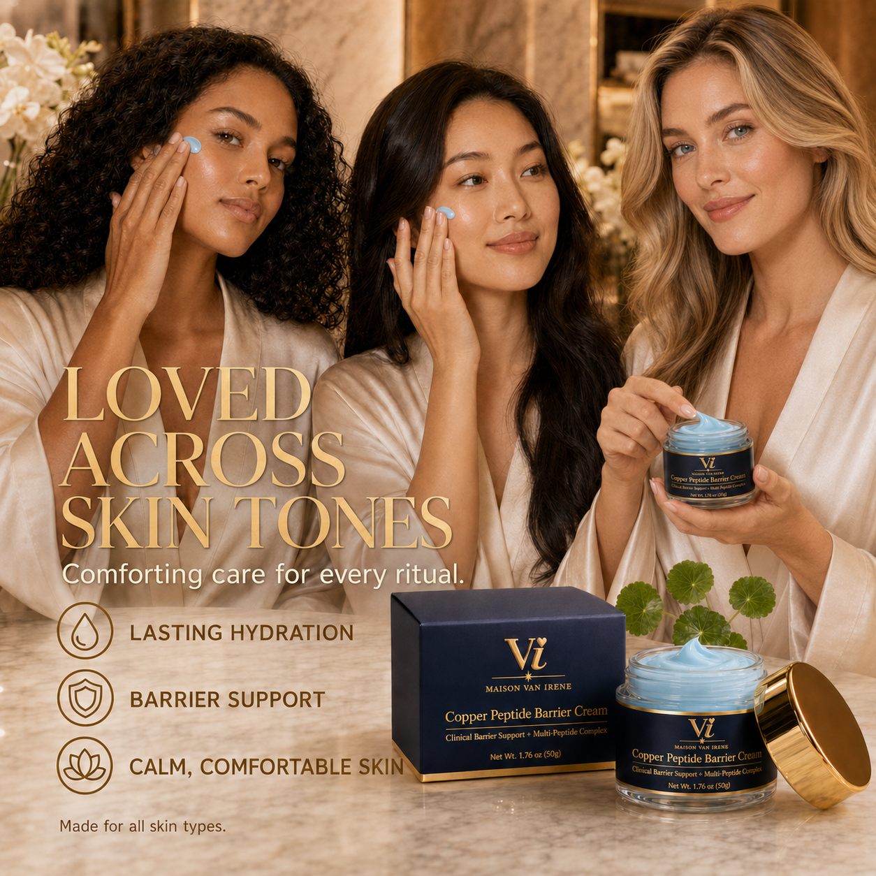 Three women with different skin tones applying Copper Peptide Barrier Cream — comforting care for every ritual