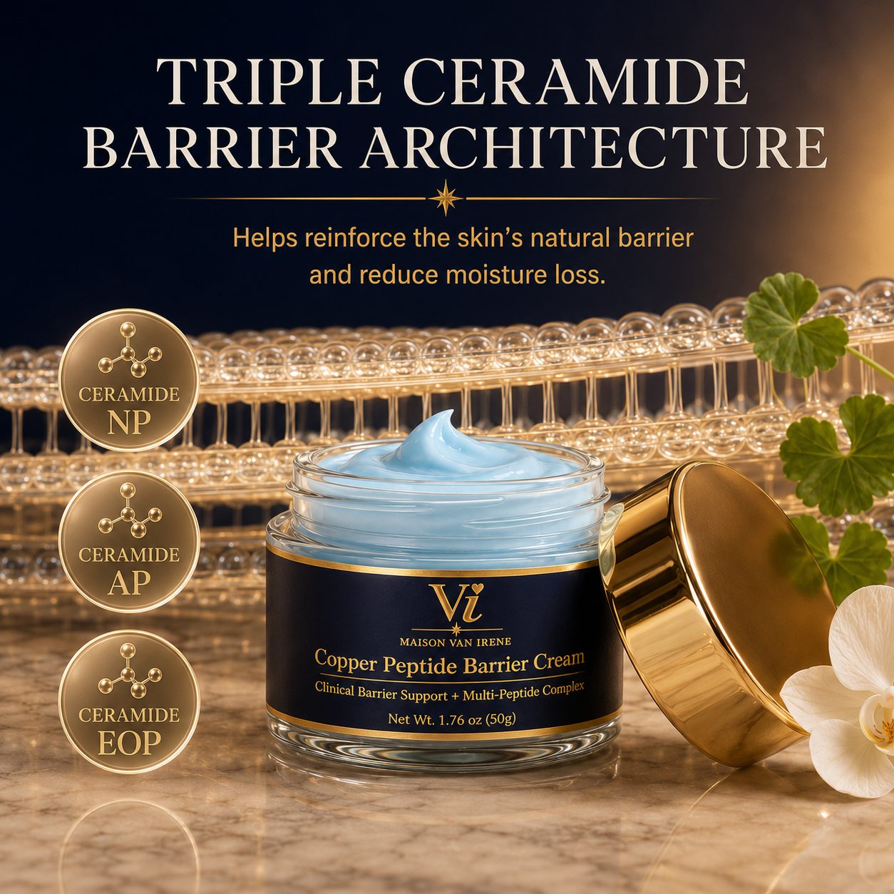 Copper Peptide Barrier Cream triple ceramide architecture — ceramides NP, AP and EOP help reinforce the skin barrier