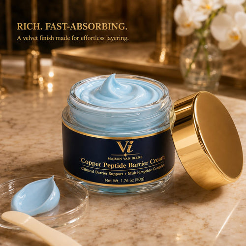 Copper Peptide Barrier Cream open jar with velvet blue swirl — rich, fast-absorbing finish made for layering