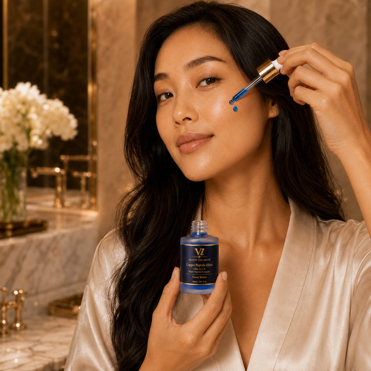 Woman applying Copper Peptide Elixir to her cheek with the dropper in a luxury marble bathroom