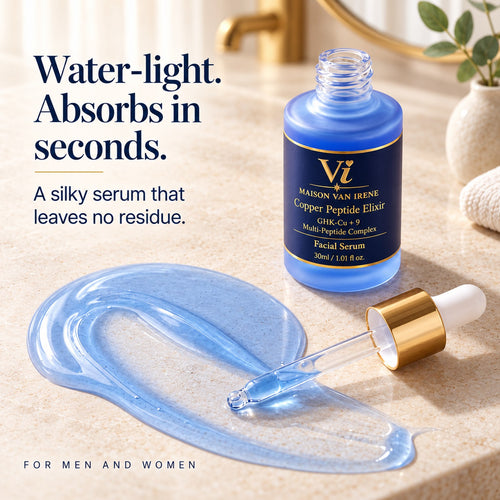Water-light. Absorbs in seconds — a glossy swipe of the blue Copper Peptide Elixir serum on stone beside the open bottle and dropper