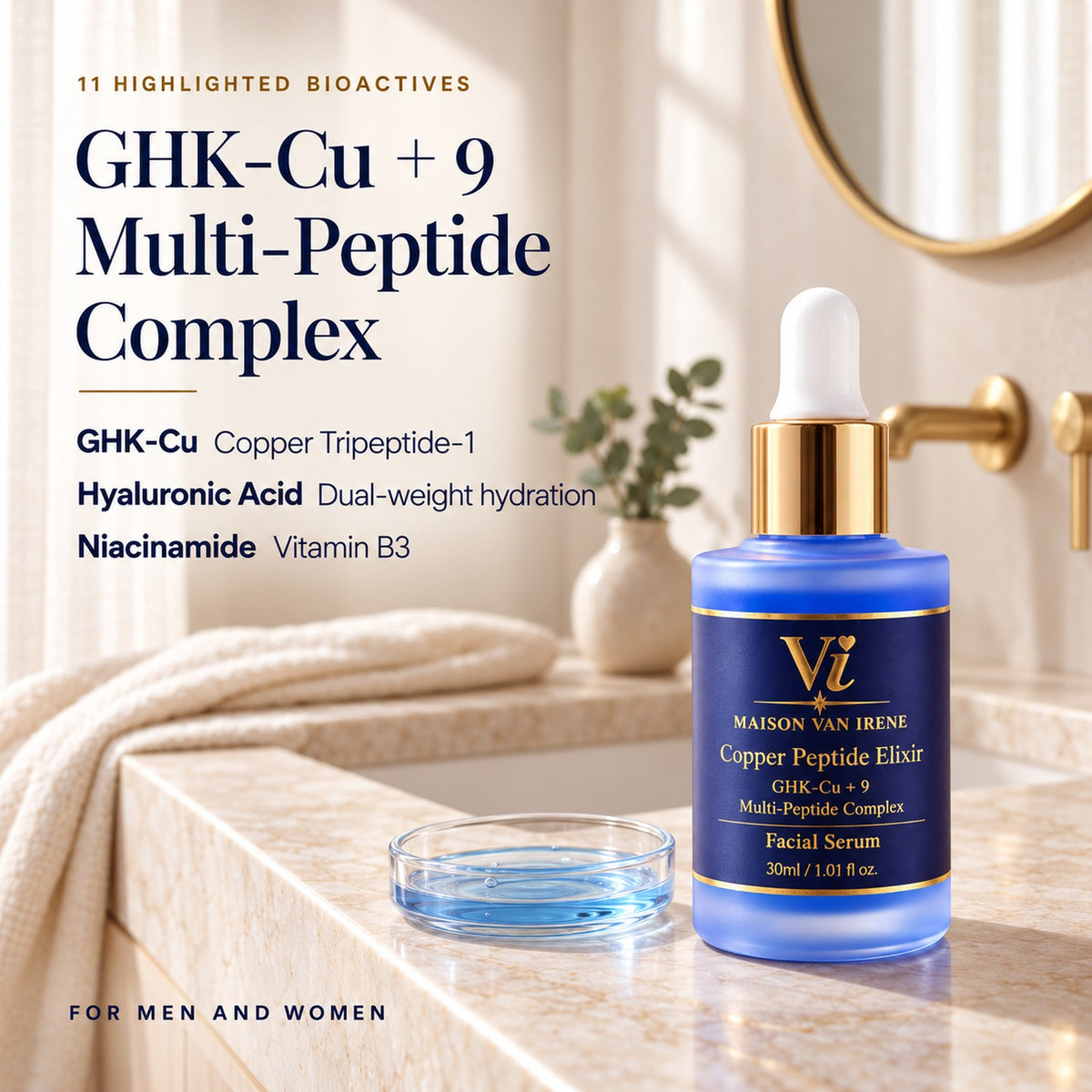 GHK-Cu + 9 Multi-Peptide Complex — 11 active ingredients: GHK-Cu Copper Tripeptide-1, dual-weight Hyaluronic Acid, Niacinamide 3%