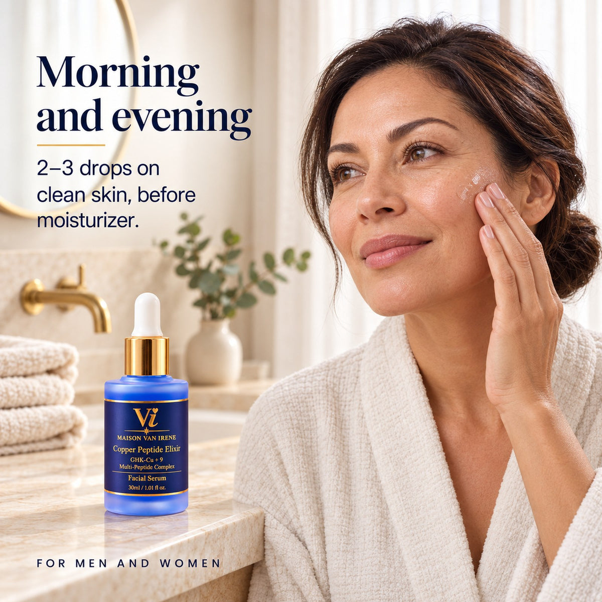 Morning and evening — a woman pressing the Copper Peptide Elixir into her skin: 2-3 drops on clean skin, before moisturizer