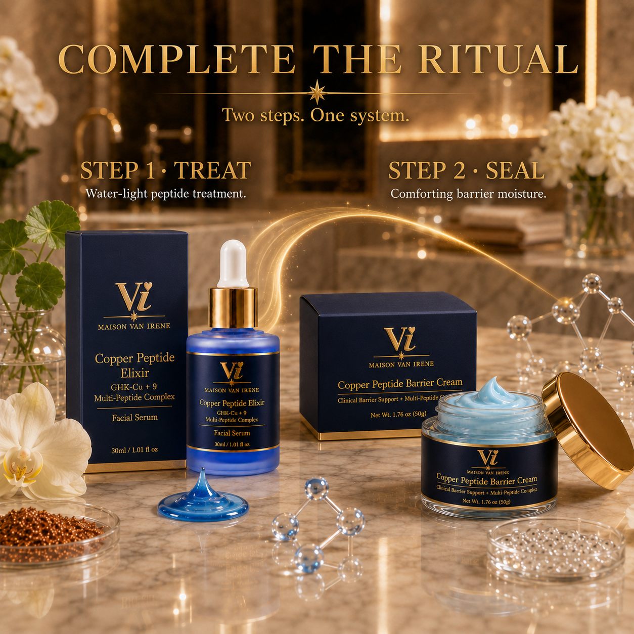 Complete the Ritual — Copper Peptide Elixir treats, Copper Peptide Barrier Cream seals; two steps, one system