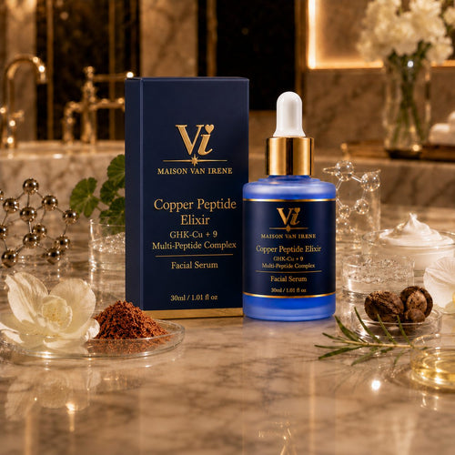 Maison Van Irene Copper Peptide Elixir bottle and carton with copper peptide granules — clinical luxury facial serum
