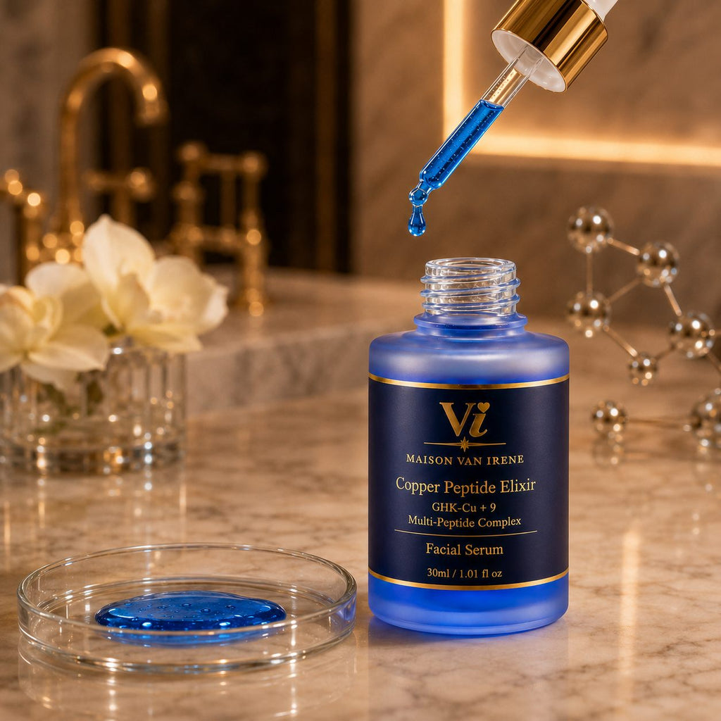 Copper Peptide Elixir dropper releasing a blue serum droplet into the open bottle — water-light texture