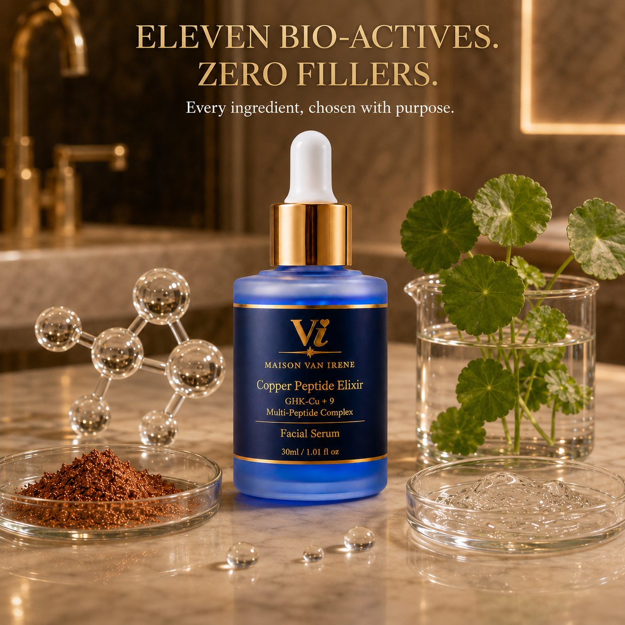 Copper Peptide Elixir — eleven bio-actives, zero fillers; every ingredient chosen with purpose