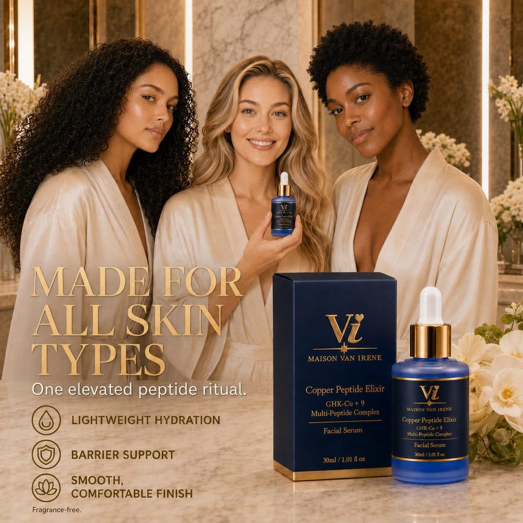 Three women with different skin tones with Copper Peptide Elixir — made for all skin types, fragrance-free