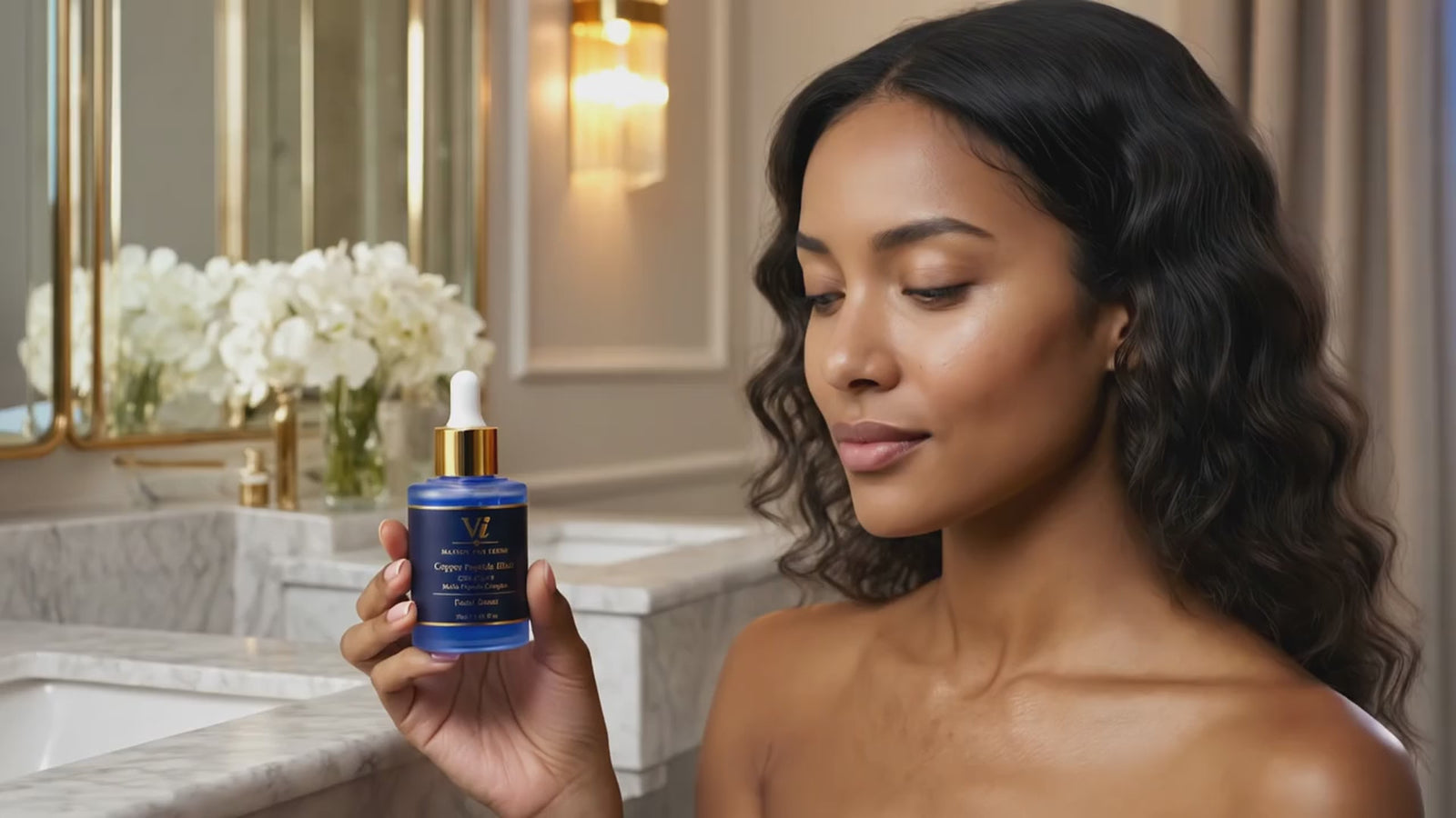 Model applying Copper Peptide Elixir — dropper application, fingertip massage, and a radiant reveal