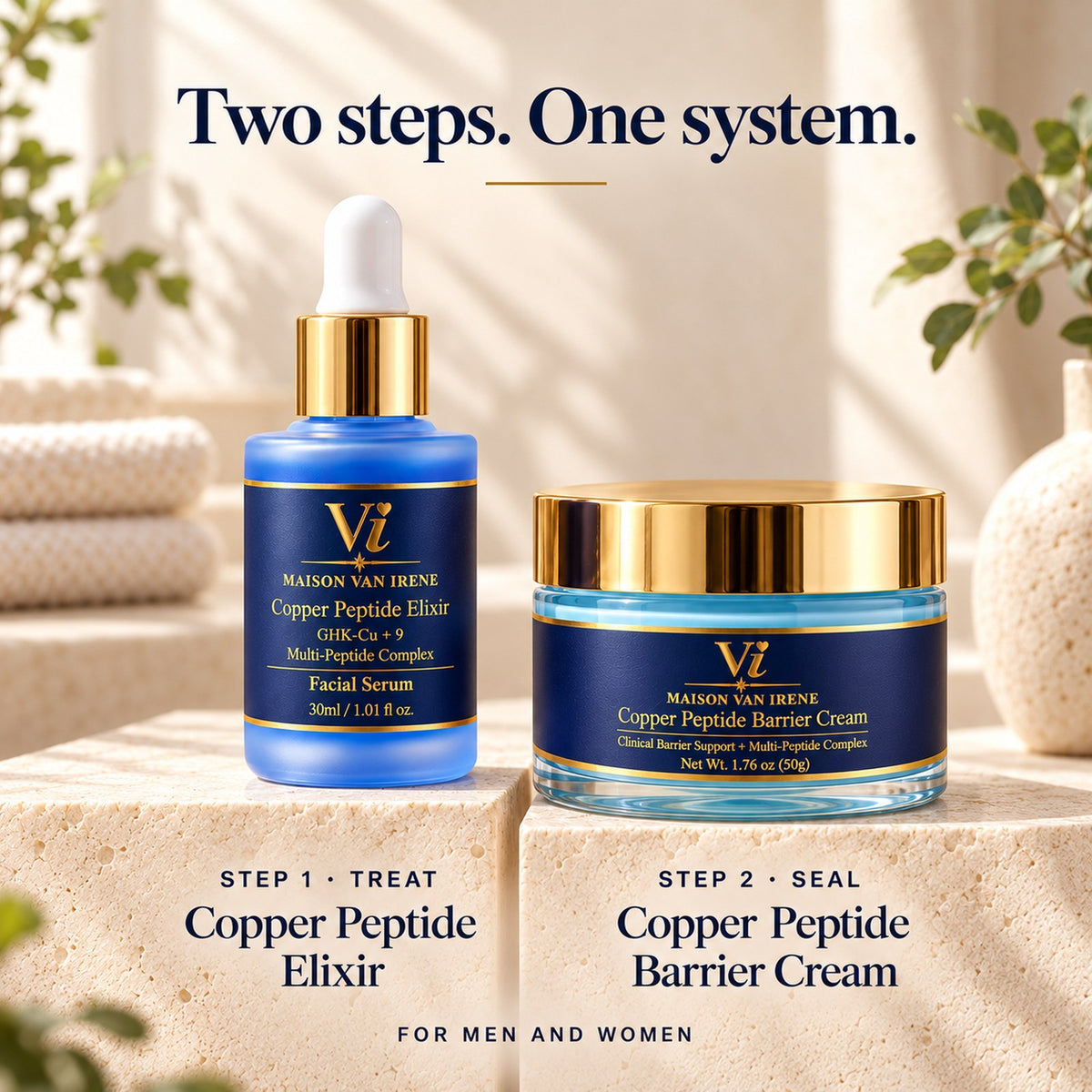 Two steps. One system — step 1, treat: Copper Peptide Elixir; step 2, seal: Copper Peptide Barrier Cream, each on its own stone block
