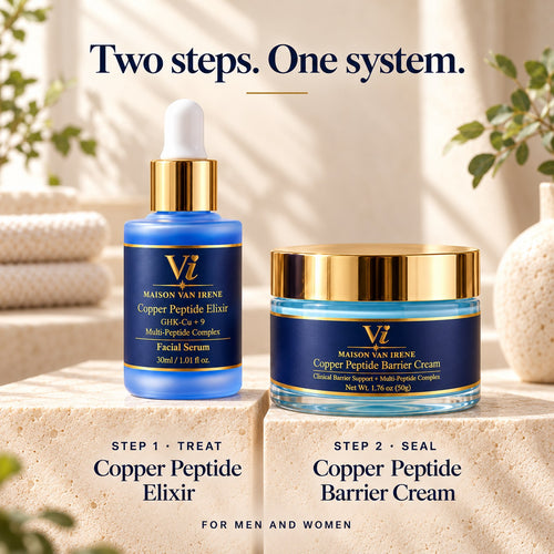Two steps. One system — step 1, treat: Copper Peptide Elixir; step 2, seal: Copper Peptide Barrier Cream, each on its own stone block