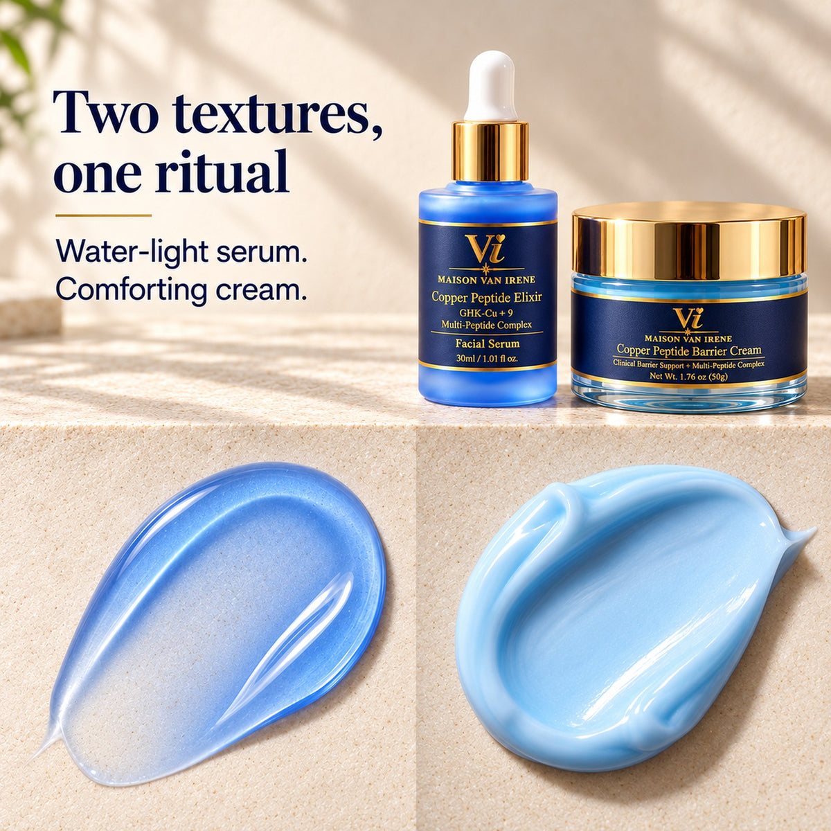 Two textures, one ritual — a water-light blue serum swipe beside a comforting aqua cream swipe, with the Elixir and Barrier Cream above