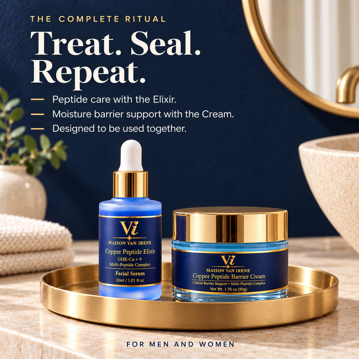 Treat. Seal. Repeat — the complete ritual: the Elixir treats, the Barrier Cream seals in the work, designed to be used together
