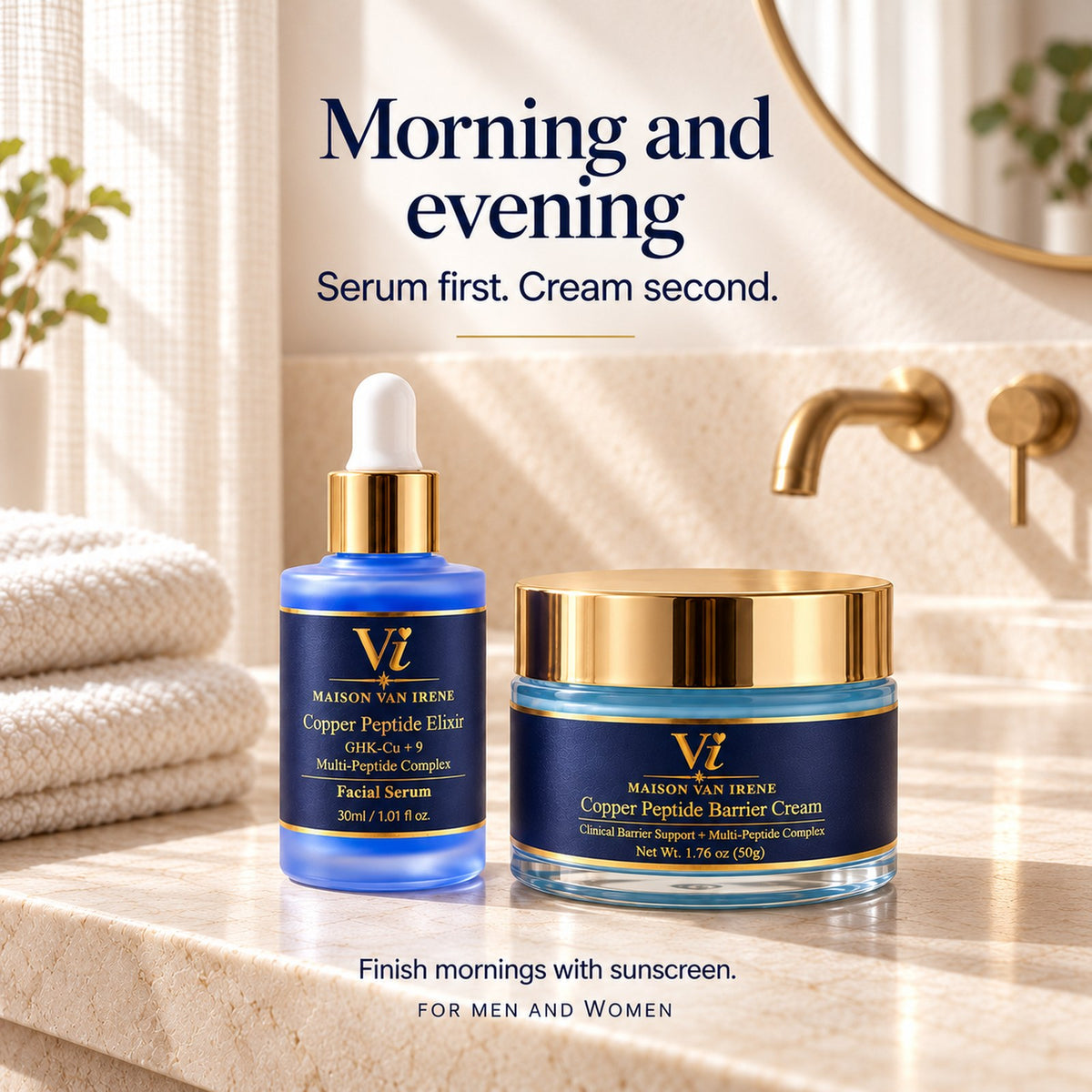 Morning and evening — serum first, cream second: the Copper Peptide Elixir and Barrier Cream side by side on a stone vanity in soft light