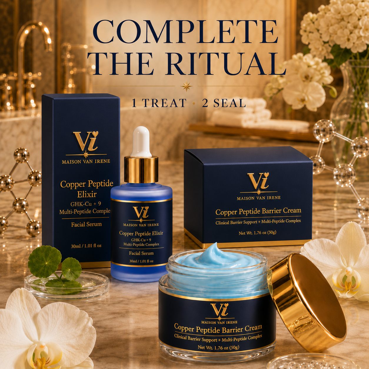 Complete the Ritual display: Copper Peptide Elixir and Barrier Cream with cartons on a candlelit marble vanity