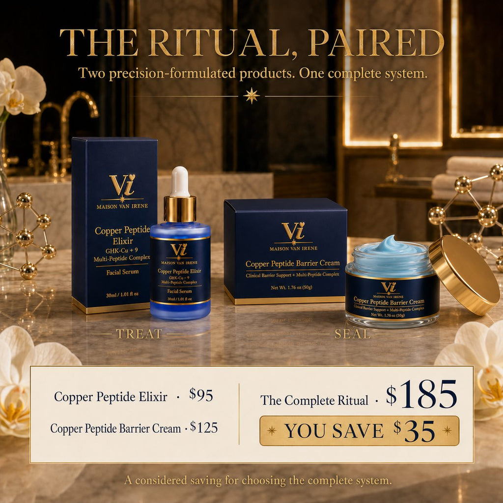 The Ritual, paired: Copper Peptide Elixir and Barrier Cream — the complete system at $185, saving $35