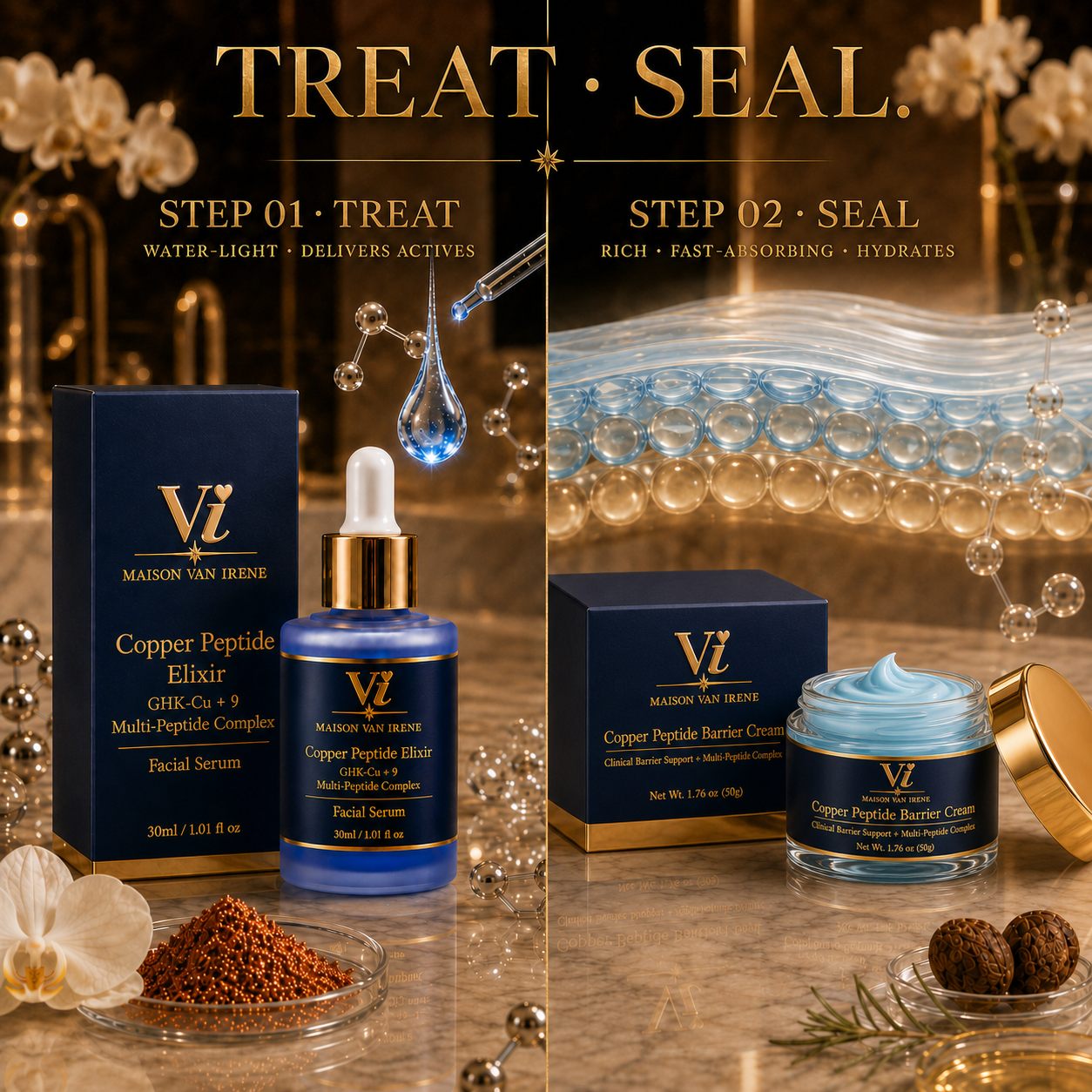 The Ritual textures: water-light Copper Peptide Elixir delivers actives; rich, fast-absorbing Barrier Cream seals