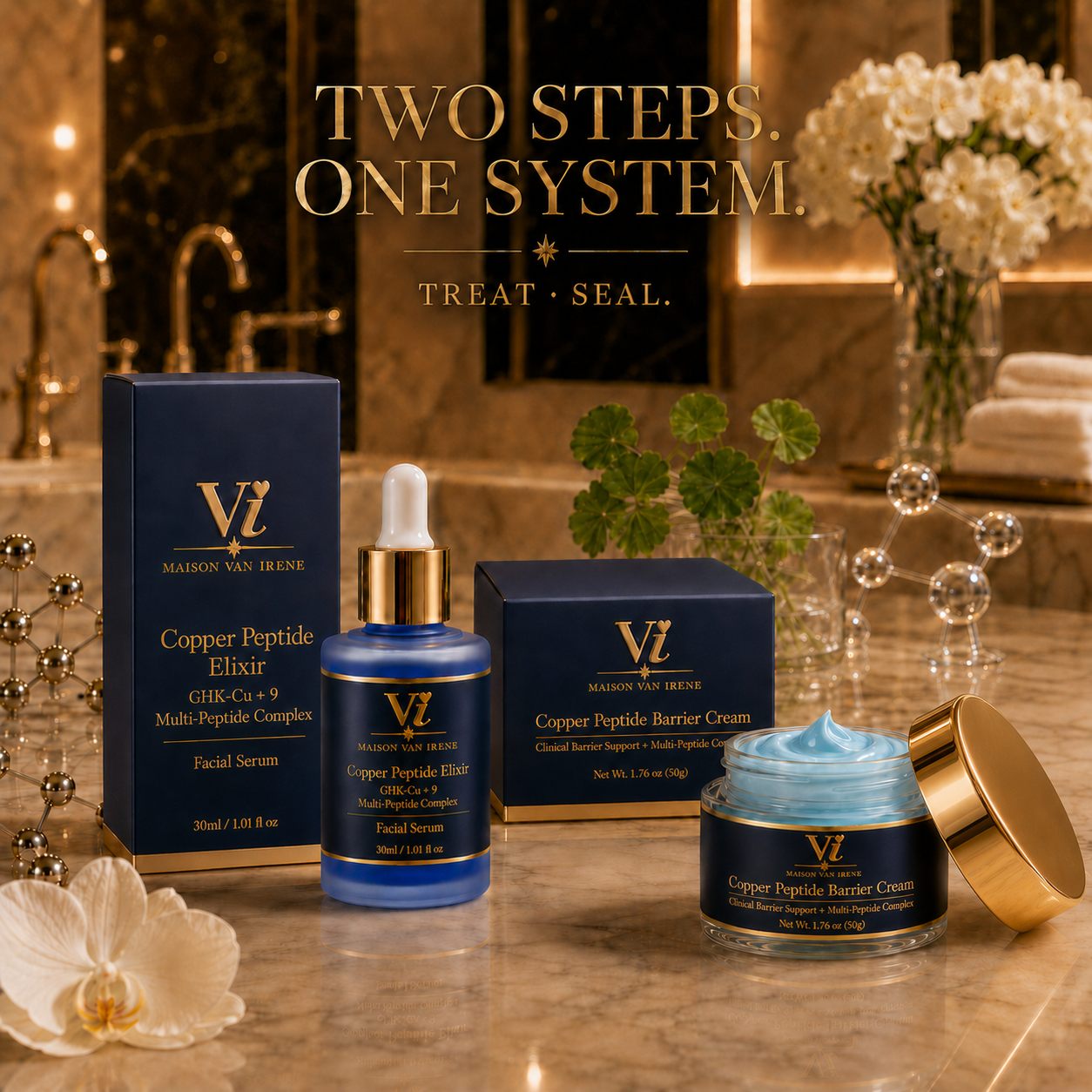 The Maison Van Irene Ritual — Copper Peptide Elixir and Barrier Cream: two steps, one system, on a golden marble vanity