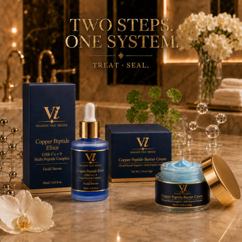 The Maison Van Irene Ritual — Copper Peptide Elixir and Barrier Cream: two steps, one system, on a golden marble vanity