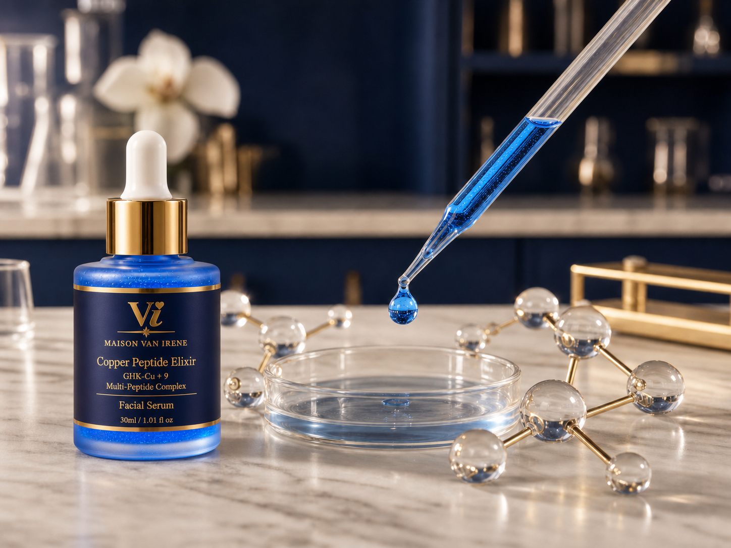 Copper Peptide Elixir in the laboratory — dropper releasing blue serum into a petri dish among molecular models